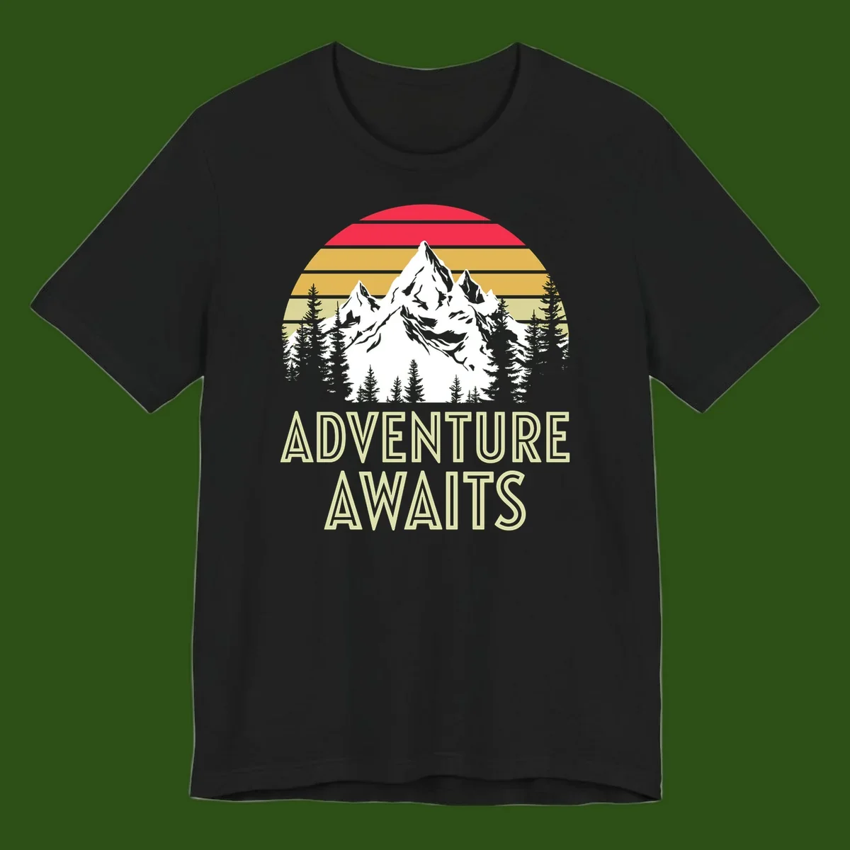 Retro adventure awaits design with snow mountains, evergreen forest, and layered sunset stripes in warm vintage colors
