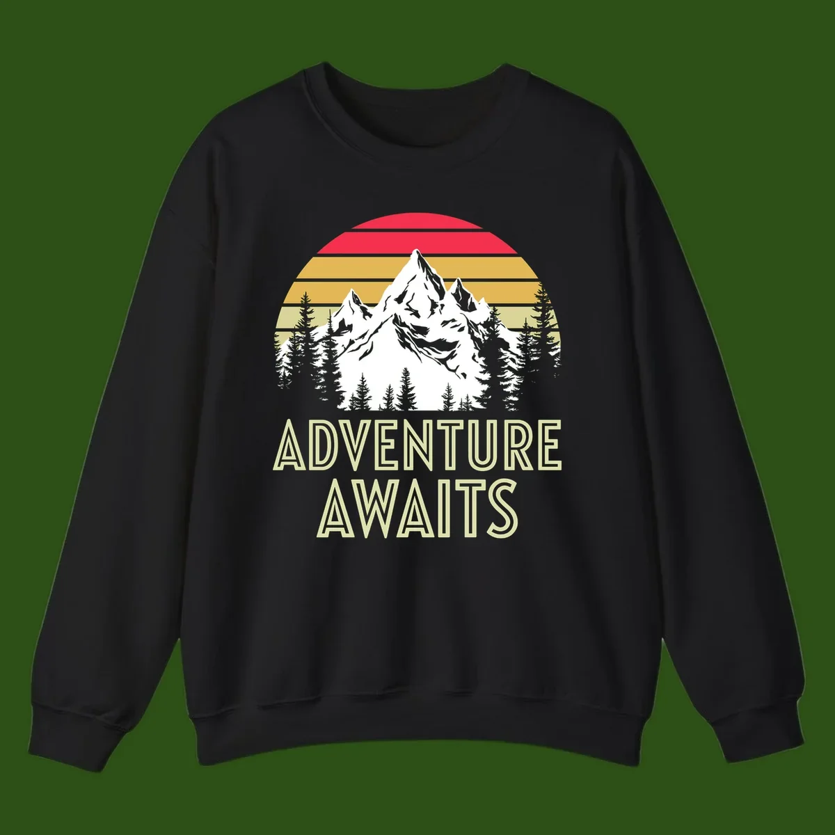 Retro adventure awaits design with snow mountains, evergreen forest, and layered sunset stripes in warm vintage colors