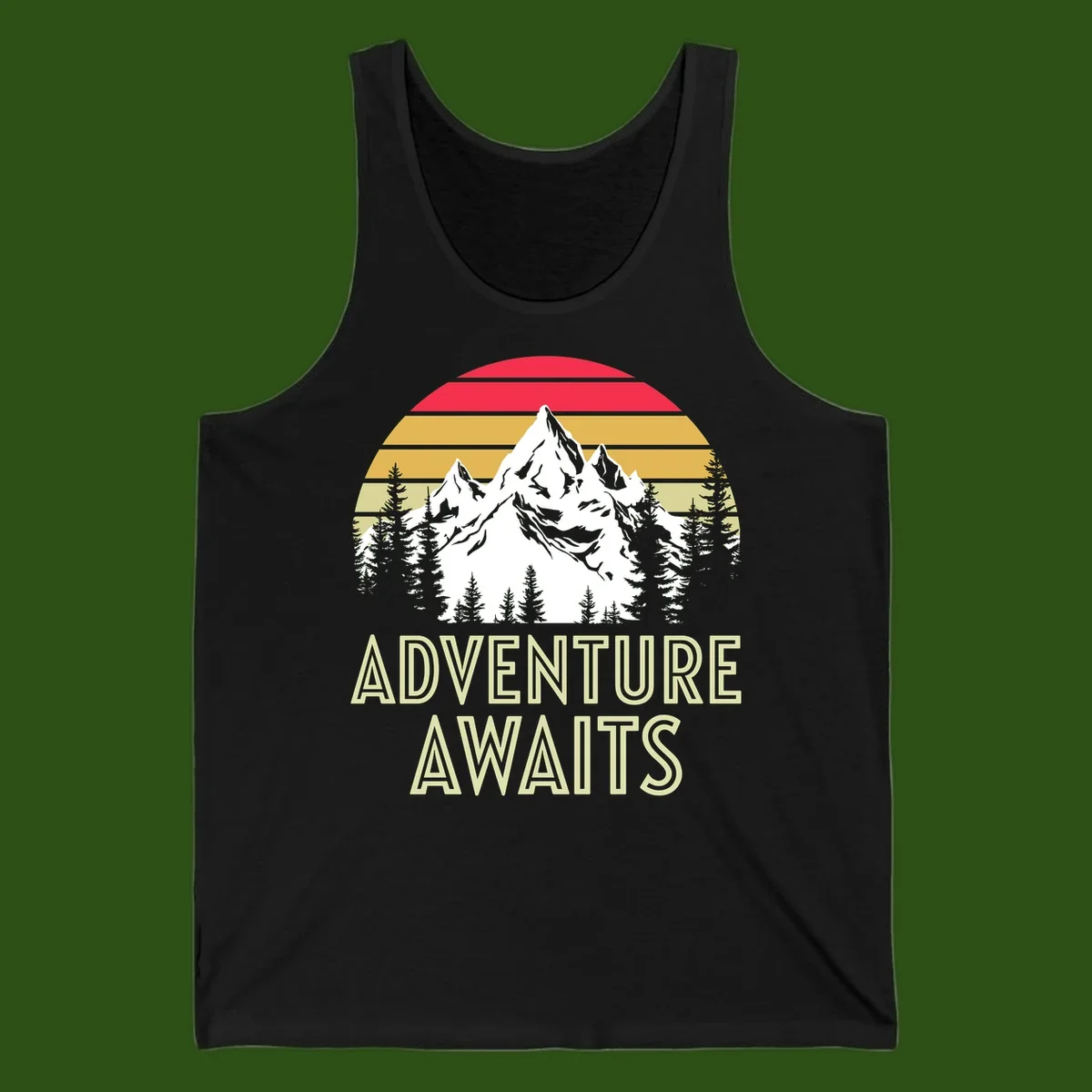 Retro adventure awaits design with snow mountains, evergreen forest, and layered sunset stripes in warm vintage colors