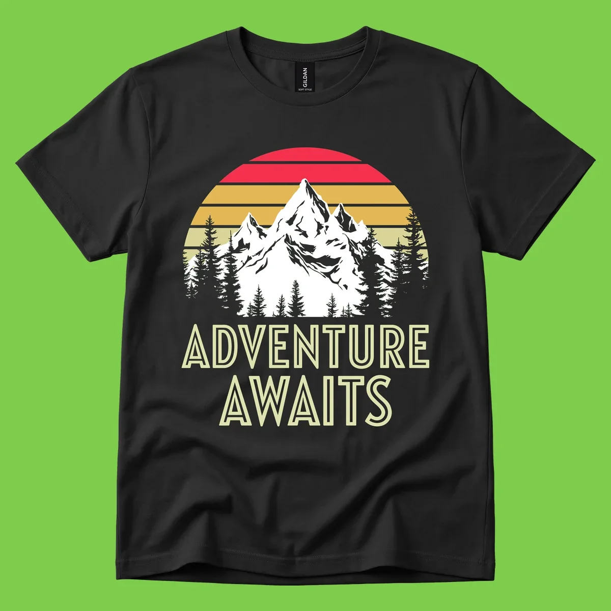 Retro adventure awaits design with snow mountains, evergreen forest, and layered sunset stripes in warm vintage colors