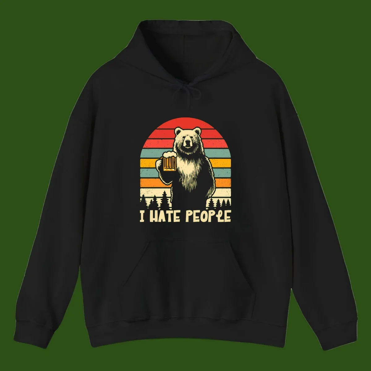 Retro illustration of a grizzly bear holding a beer mug against colorful horizontal stripes with forest and mountain silhouettes, text reads 'I HATE PEOPLE'