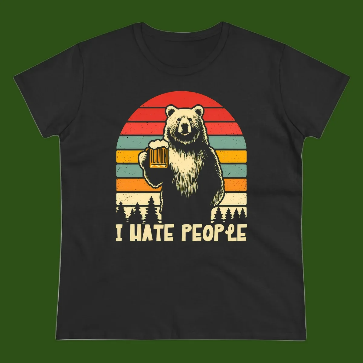Retro illustration of a grizzly bear holding a beer mug against colorful horizontal stripes with forest and mountain silhouettes, text reads 'I HATE PEOPLE'
