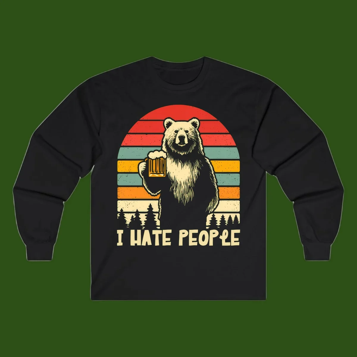 Retro illustration of a grizzly bear holding a beer mug against colorful horizontal stripes with forest and mountain silhouettes, text reads 'I HATE PEOPLE'