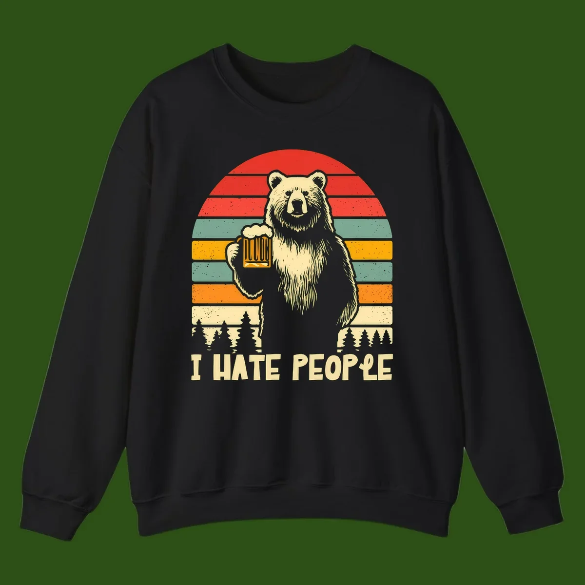 Retro illustration of a grizzly bear holding a beer mug against colorful horizontal stripes with forest and mountain silhouettes, text reads 'I HATE PEOPLE'