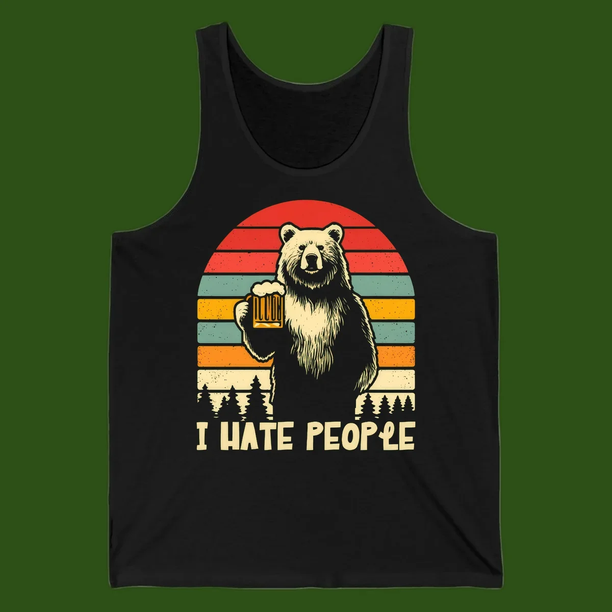 Retro illustration of a grizzly bear holding a beer mug against colorful horizontal stripes with forest and mountain silhouettes, text reads 'I HATE PEOPLE'