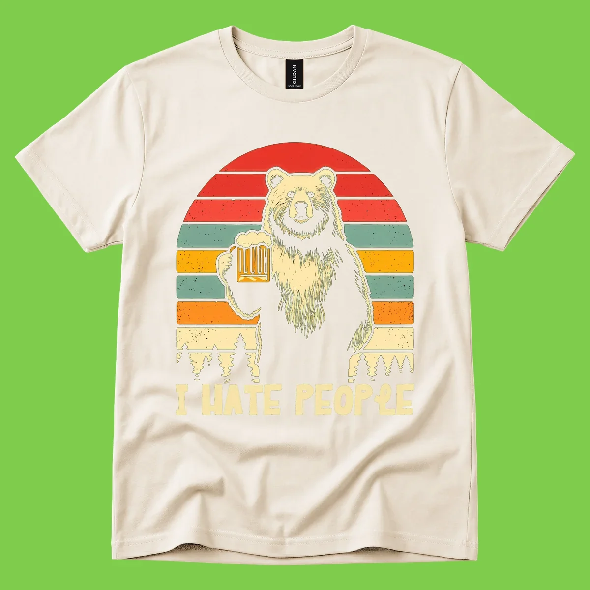Retro illustration of a grizzly bear holding a beer mug against colorful horizontal stripes with forest and mountain silhouettes, text reads 'I HATE PEOPLE'