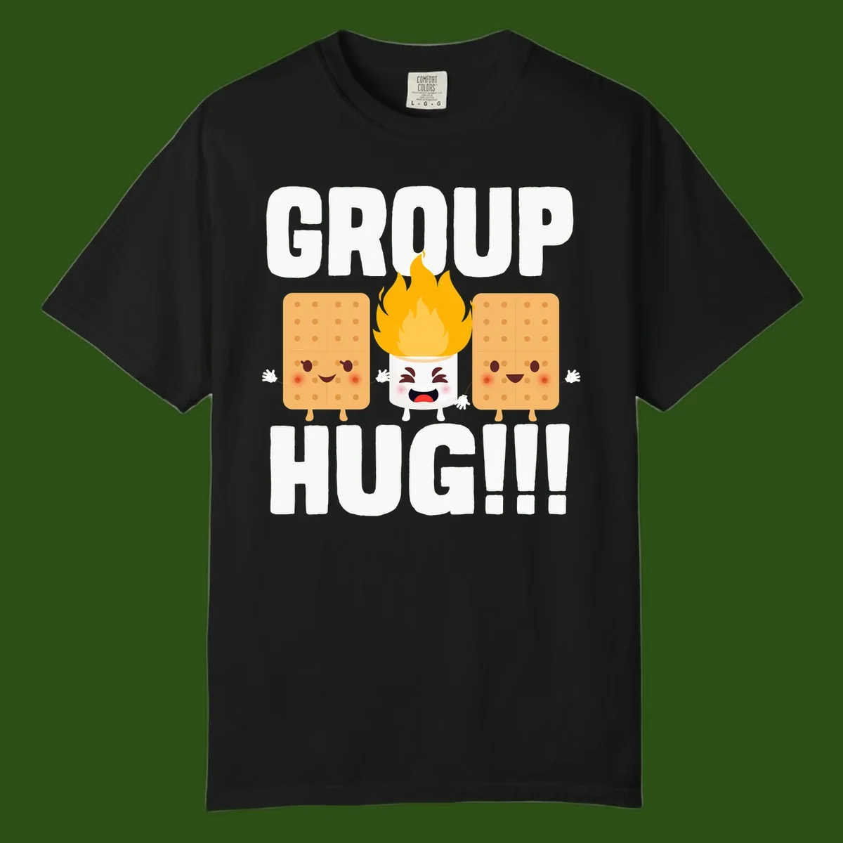 Illustration of two smiling graham crackers and a flaming marshmallow hugging under the text 'GROUP HUG' celebrating s'mores togetherness.
