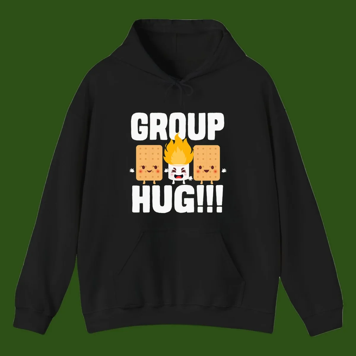 Illustration of two smiling graham crackers and a flaming marshmallow hugging under the text 'GROUP HUG' celebrating s'mores togetherness.