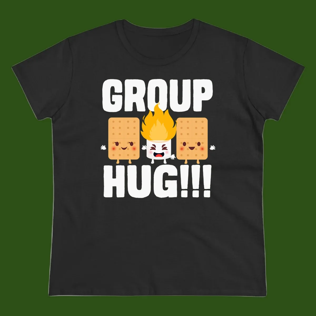 Illustration of two smiling graham crackers and a flaming marshmallow hugging under the text 'GROUP HUG' celebrating s'mores togetherness.