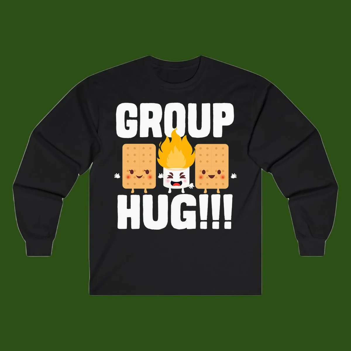 Illustration of two smiling graham crackers and a flaming marshmallow hugging under the text 'GROUP HUG' celebrating s'mores togetherness.