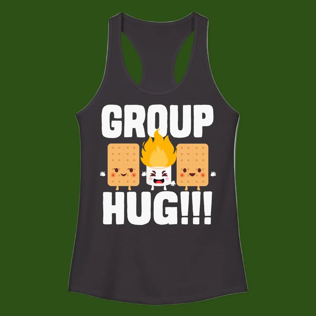 Illustration of two smiling graham crackers and a flaming marshmallow hugging under the text 'GROUP HUG' celebrating s'mores togetherness.