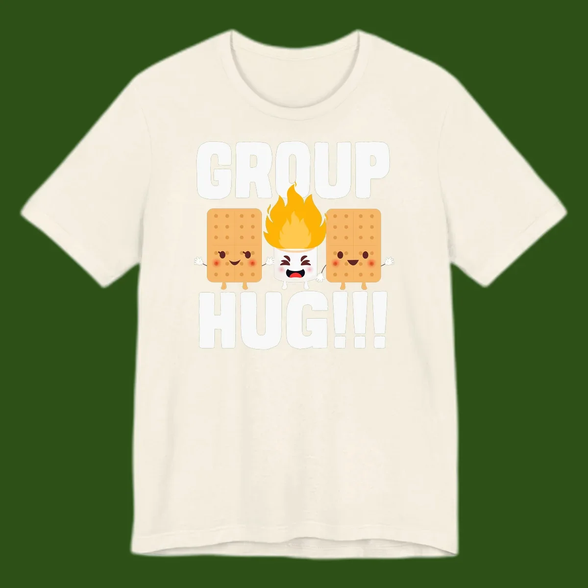 Illustration of two smiling graham crackers and a flaming marshmallow hugging under the text 'GROUP HUG' celebrating s'mores togetherness.