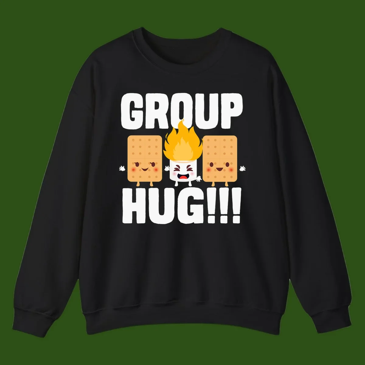 Illustration of two smiling graham crackers and a flaming marshmallow hugging under the text 'GROUP HUG' celebrating s'mores togetherness.