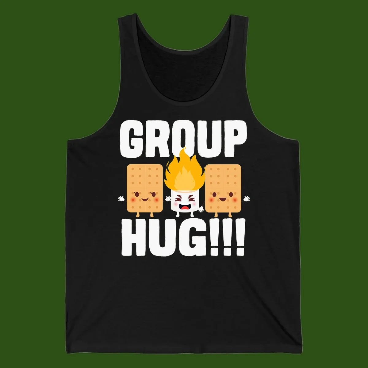 Illustration of two smiling graham crackers and a flaming marshmallow hugging under the text 'GROUP HUG' celebrating s'mores togetherness.
