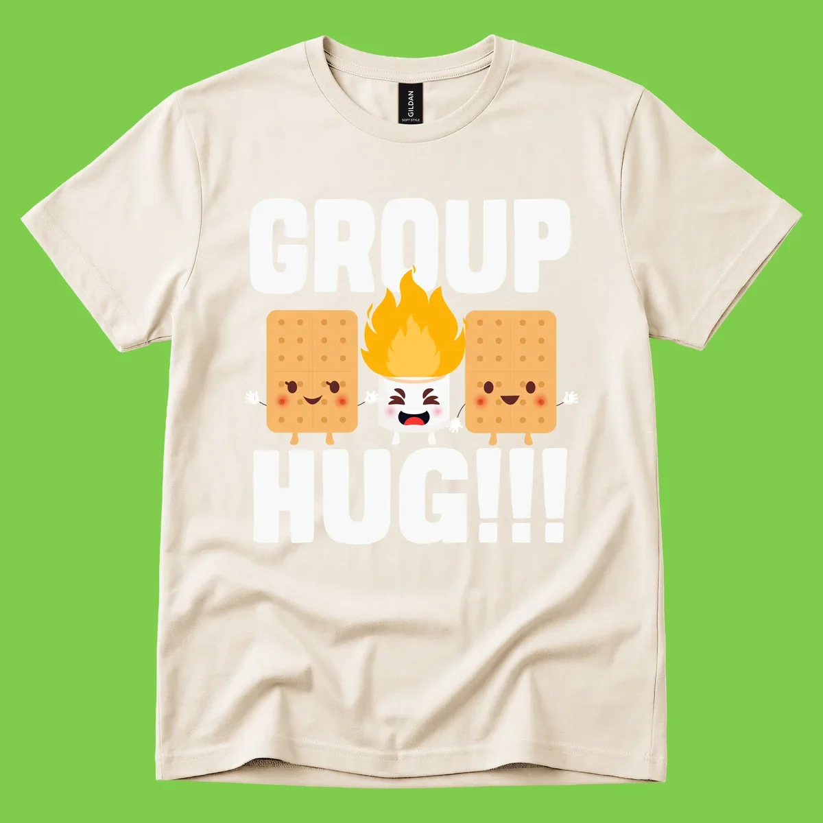 Illustration of two smiling graham crackers and a flaming marshmallow hugging under the text 'GROUP HUG' celebrating s'mores togetherness.