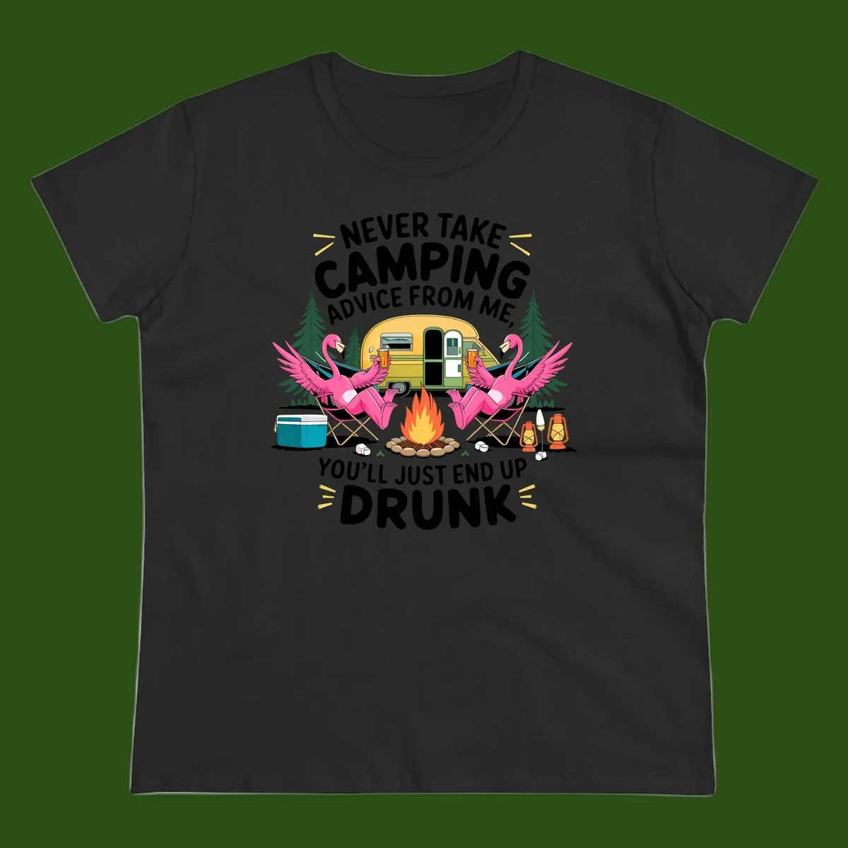 Humorous camping illustration with two pink flamingos drinking beer by a campfire next to a vintage trailer, warning never to take camping advice