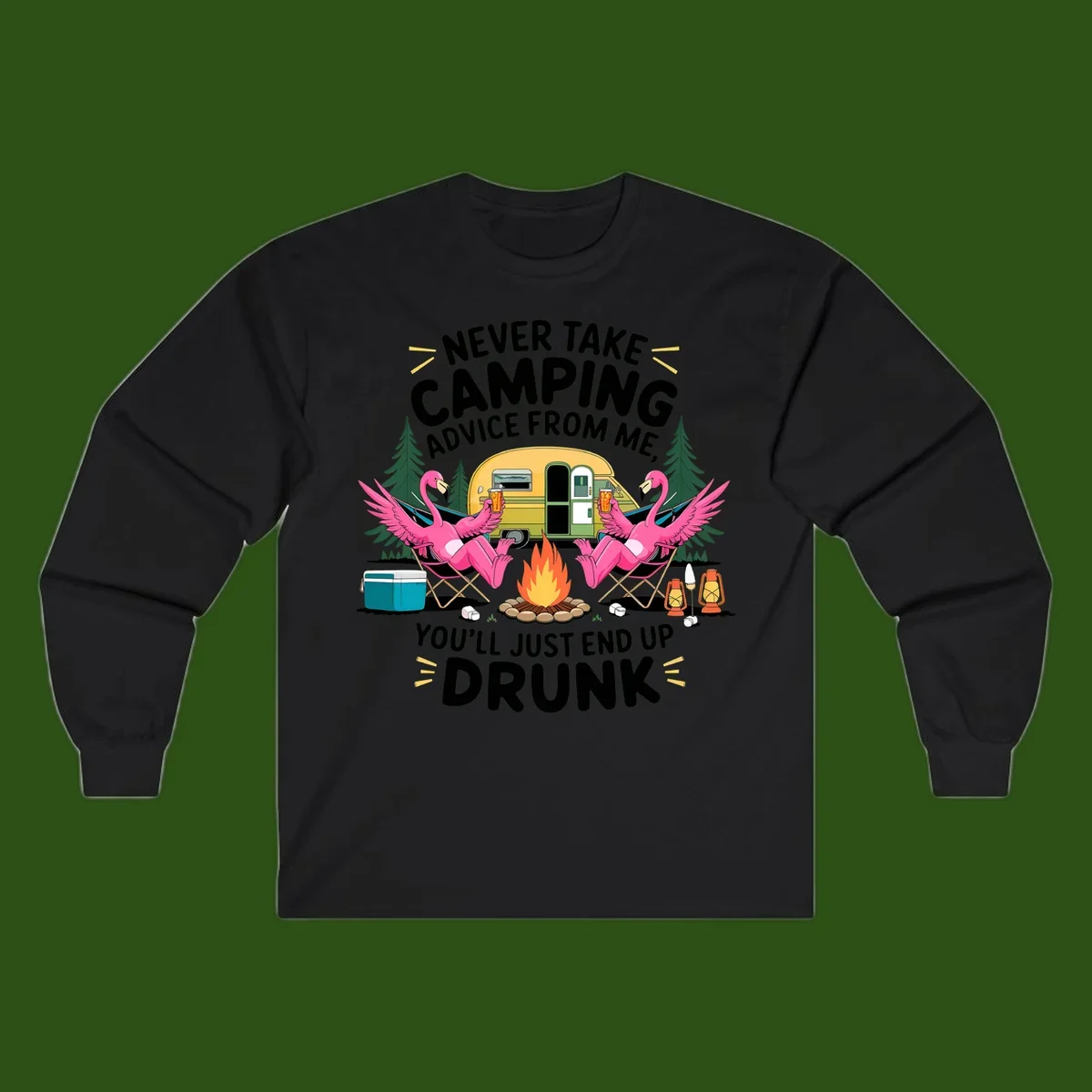 Humorous camping illustration with two pink flamingos drinking beer by a campfire next to a vintage trailer, warning never to take camping advice