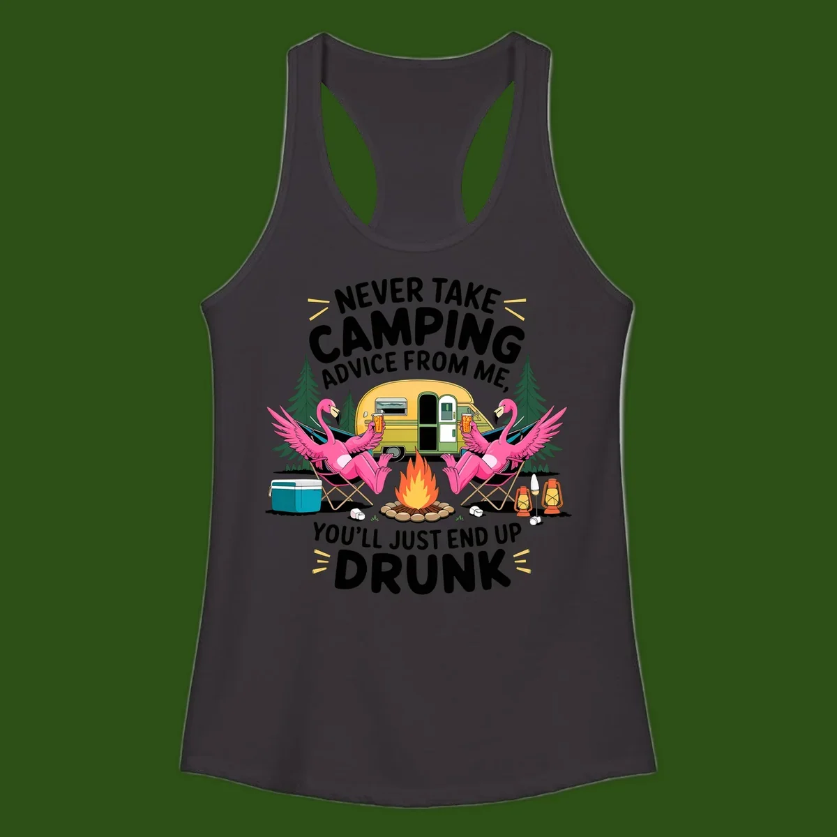 Humorous camping illustration with two pink flamingos drinking beer by a campfire next to a vintage trailer, warning never to take camping advice