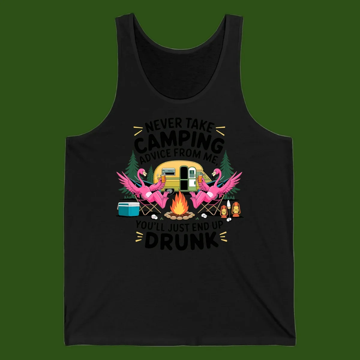 Humorous camping illustration with two pink flamingos drinking beer by a campfire next to a vintage trailer, warning never to take camping advice