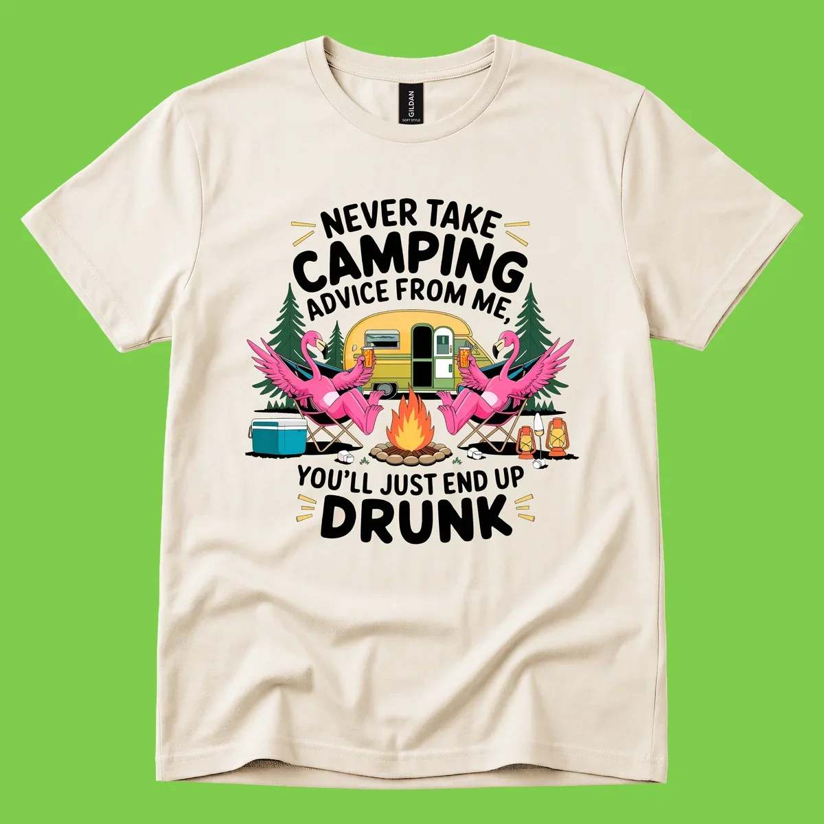 Humorous camping illustration with two pink flamingos drinking beer by a campfire next to a vintage trailer, warning never to take camping advice