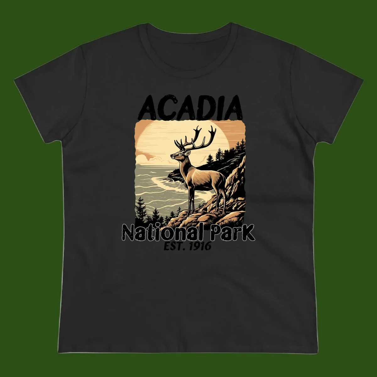 Vintage illustration of a deer with antlers standing on rocky cliffs overlooking Acadia National Park's ocean and forests at sunset