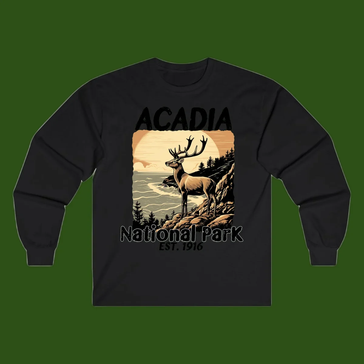 Vintage illustration of a deer with antlers standing on rocky cliffs overlooking Acadia National Park's ocean and forests at sunset