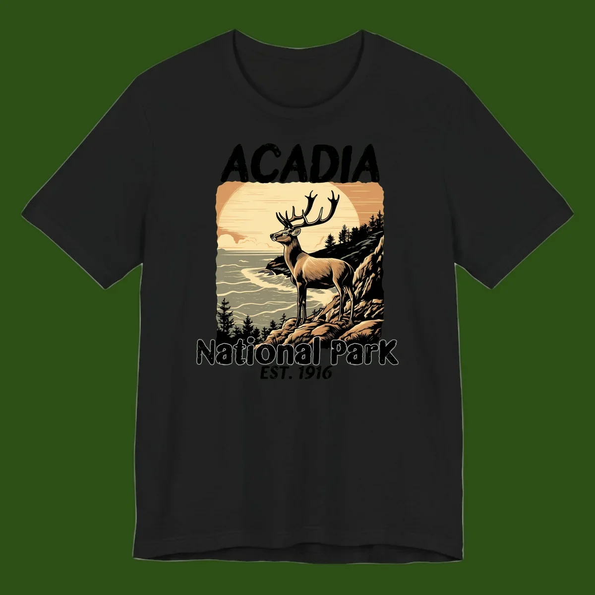 Vintage illustration of a deer with antlers standing on rocky cliffs overlooking Acadia National Park's ocean and forests at sunset