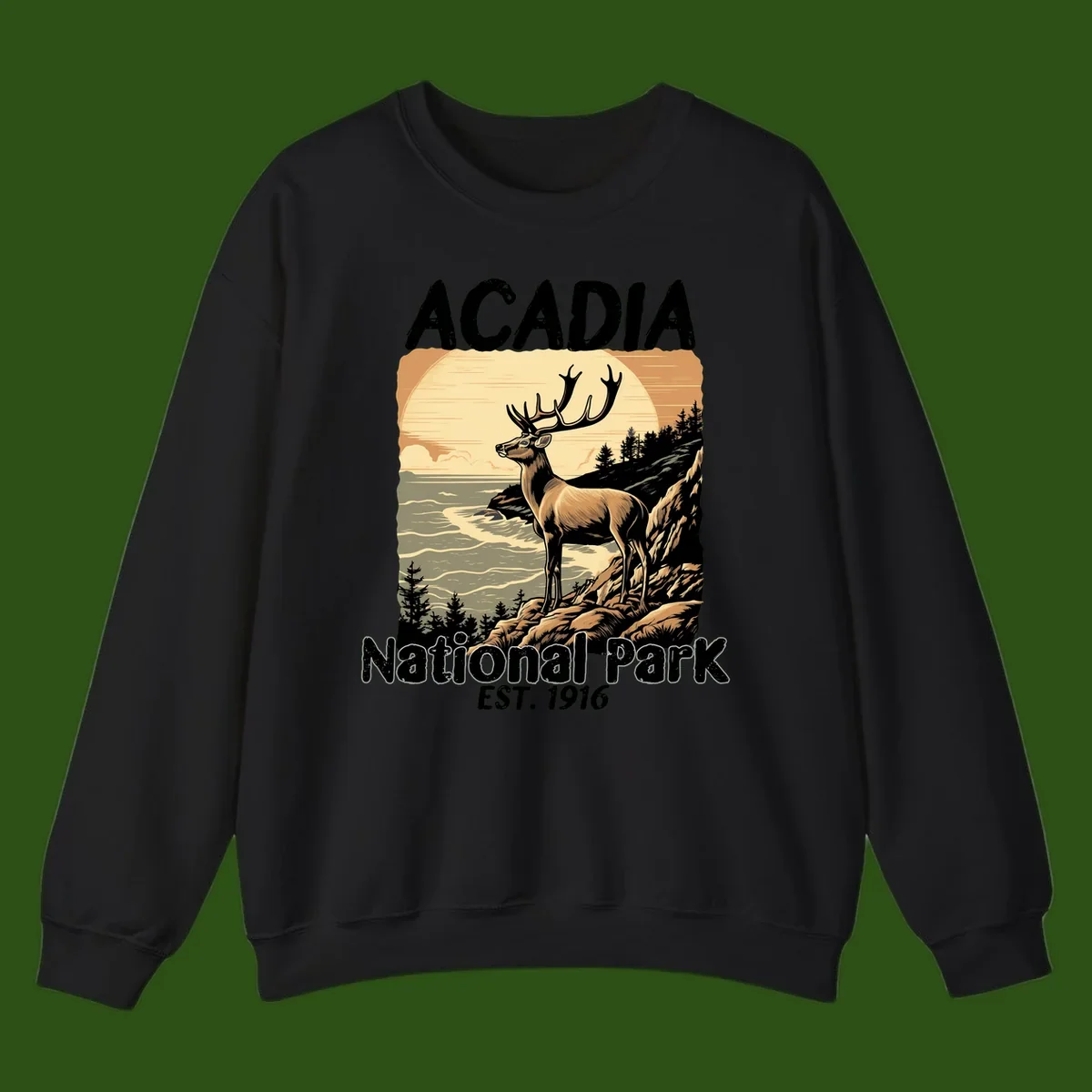 Vintage illustration of a deer with antlers standing on rocky cliffs overlooking Acadia National Park's ocean and forests at sunset