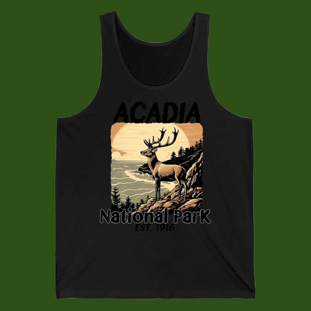 Vintage illustration of a deer with antlers standing on rocky cliffs overlooking Acadia National Park's ocean and forests at sunset