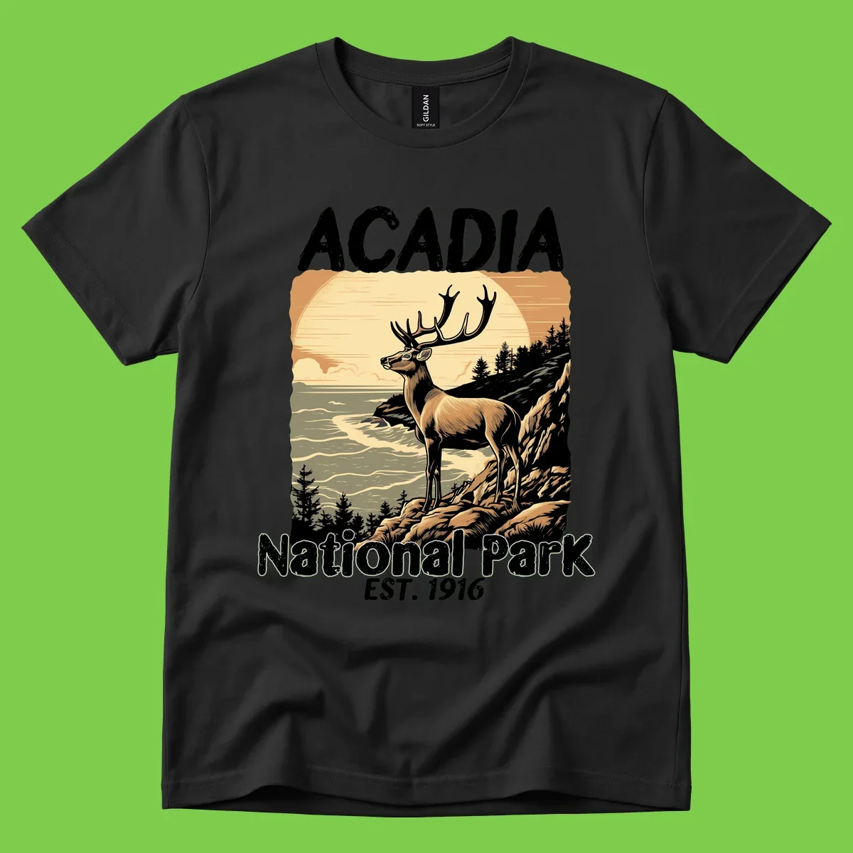 Vintage illustration of a deer with antlers standing on rocky cliffs overlooking Acadia National Park's ocean and forests at sunset