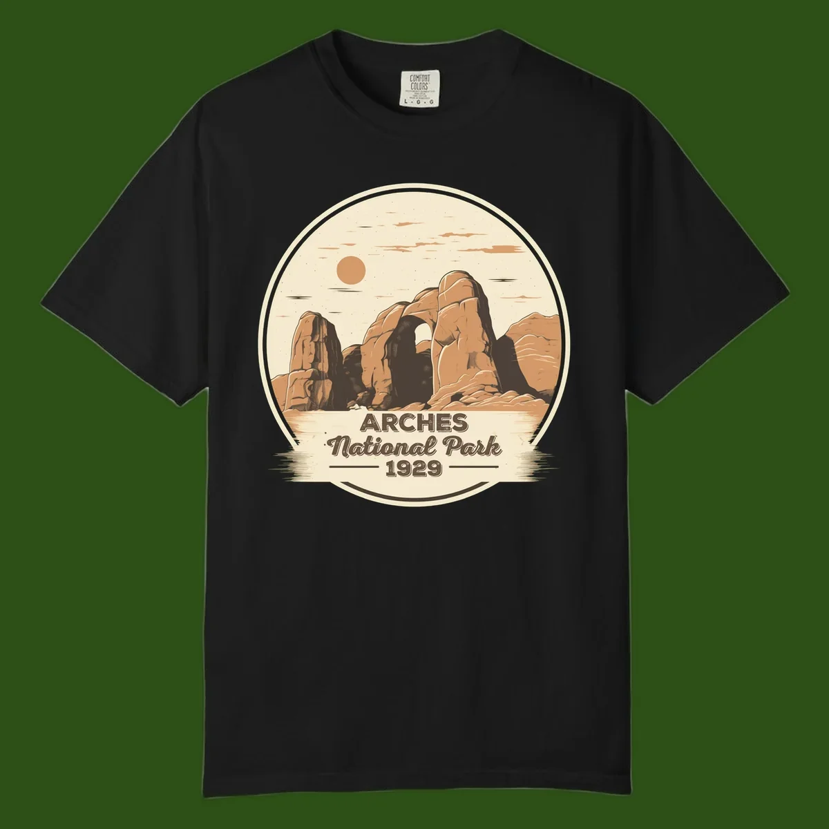 Vintage Arches National Park 1929 badge illustration with iconic natural arch rock formation in desert landscape