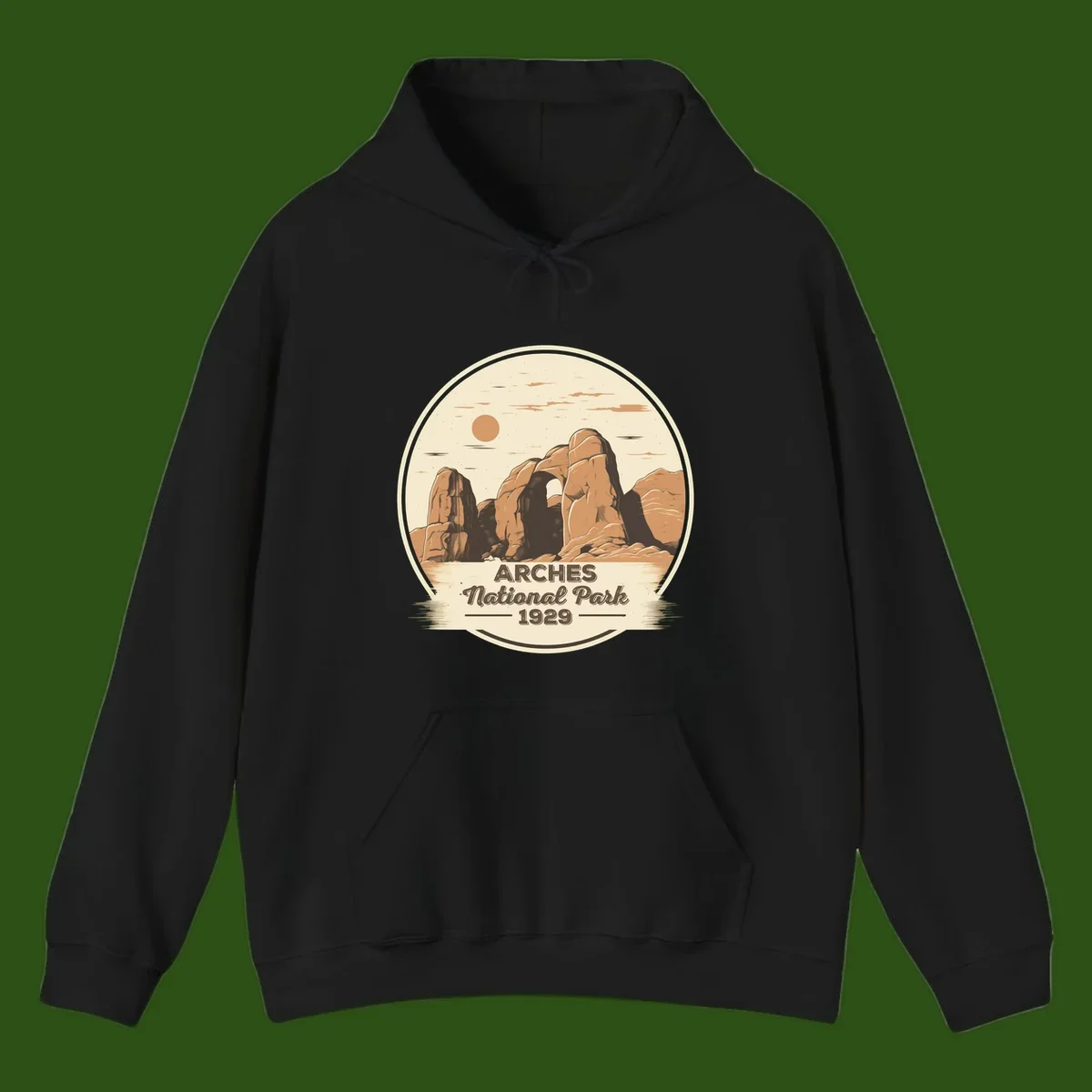 Vintage Arches National Park 1929 badge illustration with iconic natural arch rock formation in desert landscape