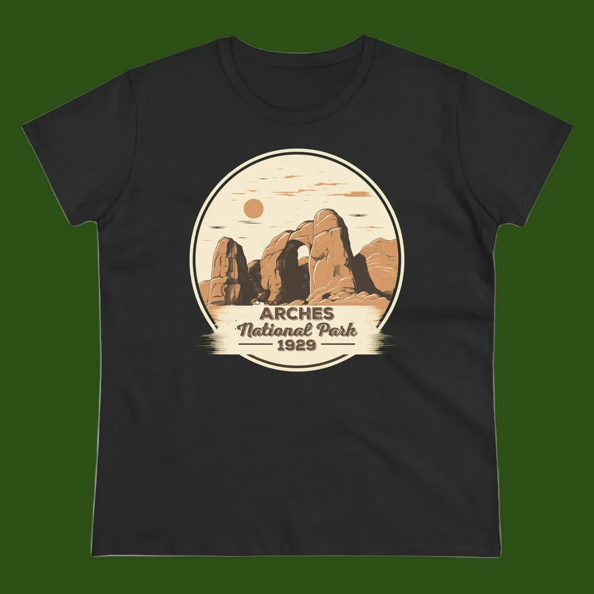 Vintage Arches National Park 1929 badge illustration with iconic natural arch rock formation in desert landscape