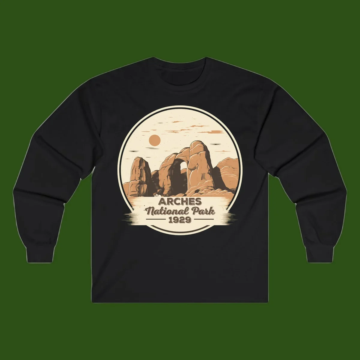 Vintage Arches National Park 1929 badge illustration with iconic natural arch rock formation in desert landscape