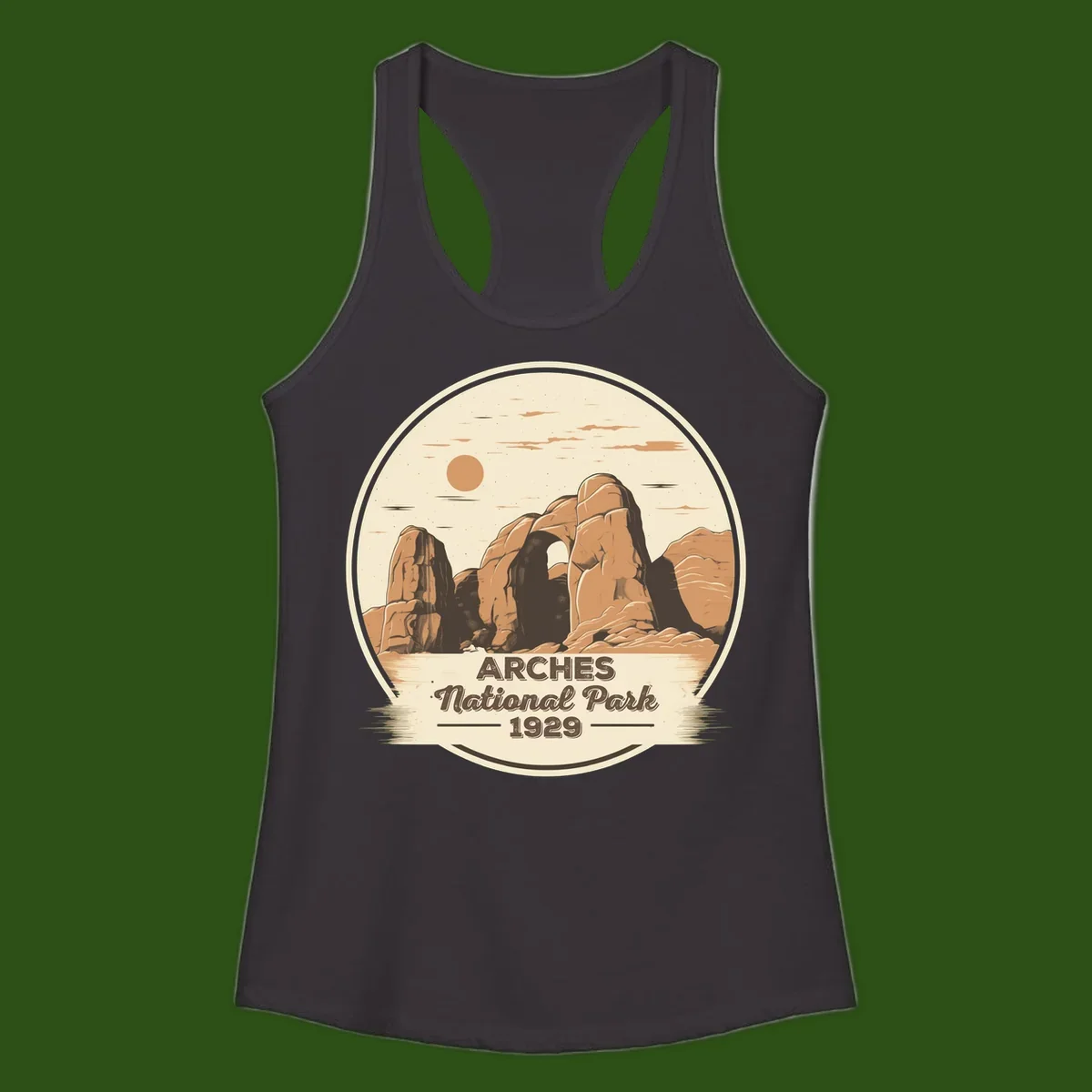 Vintage Arches National Park 1929 badge illustration with iconic natural arch rock formation in desert landscape
