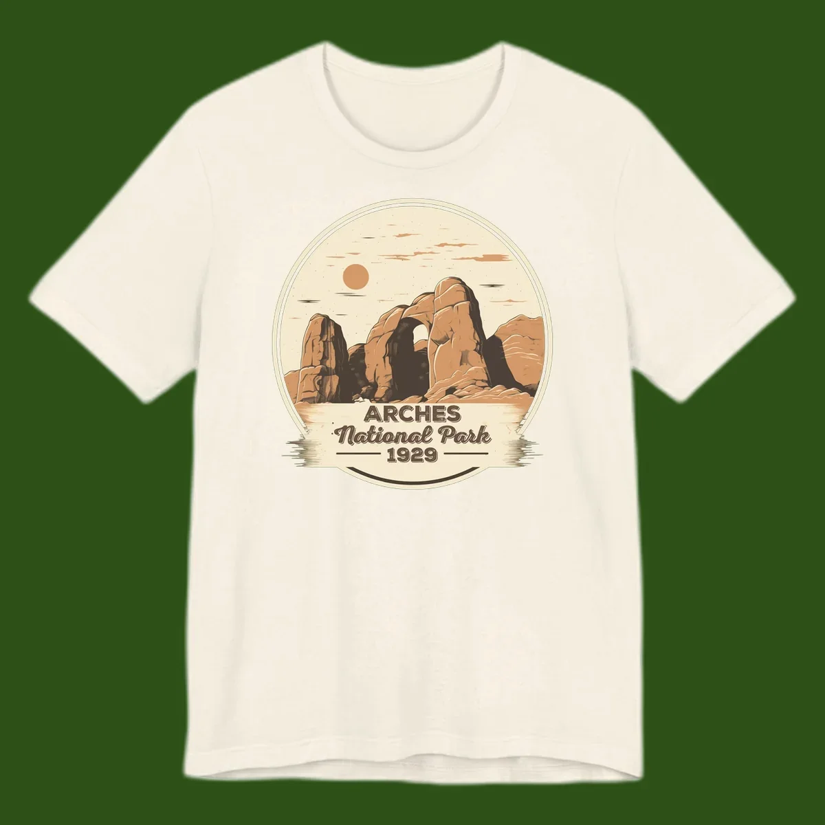 Vintage Arches National Park 1929 badge illustration with iconic natural arch rock formation in desert landscape