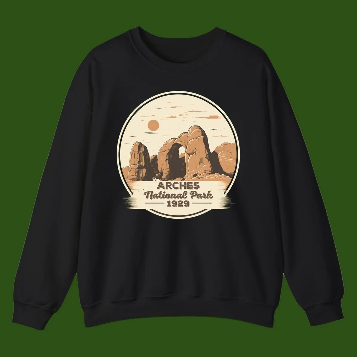 Vintage Arches National Park 1929 badge illustration with iconic natural arch rock formation in desert landscape