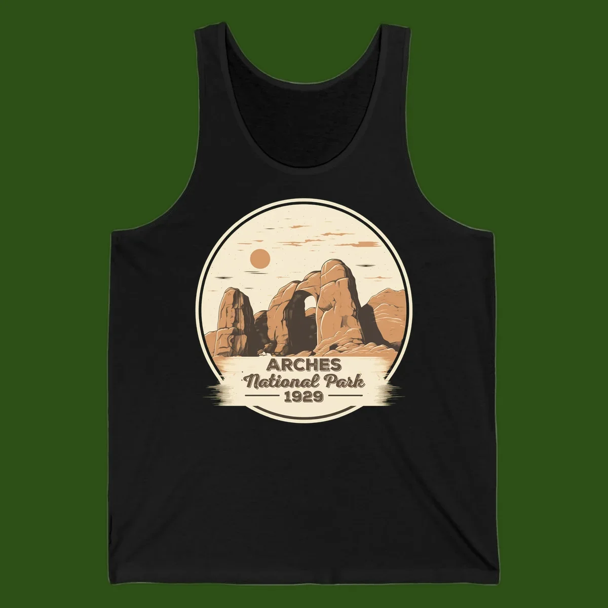 Vintage Arches National Park 1929 badge illustration with iconic natural arch rock formation in desert landscape