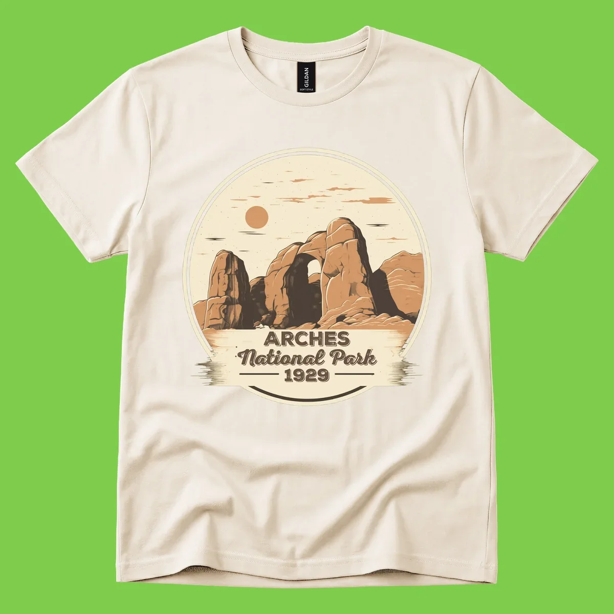 Vintage Arches National Park 1929 badge illustration with iconic natural arch rock formation in desert landscape