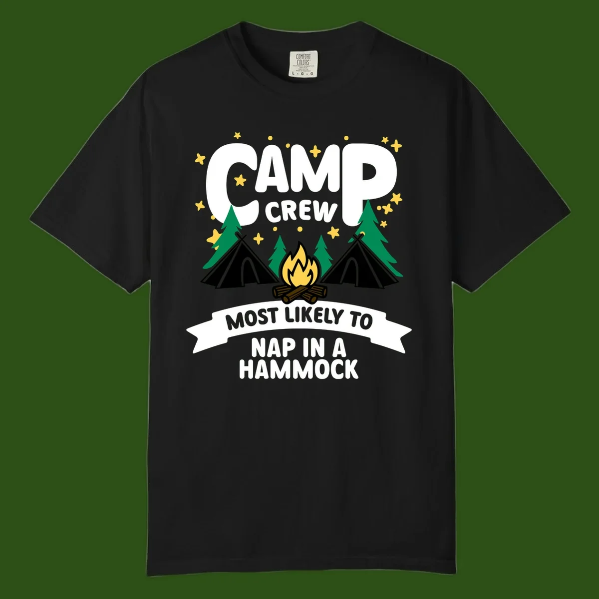 Camp crew design with teepees, campfire, and stars featuring text 'Most Likely To Nap In A Hammock'