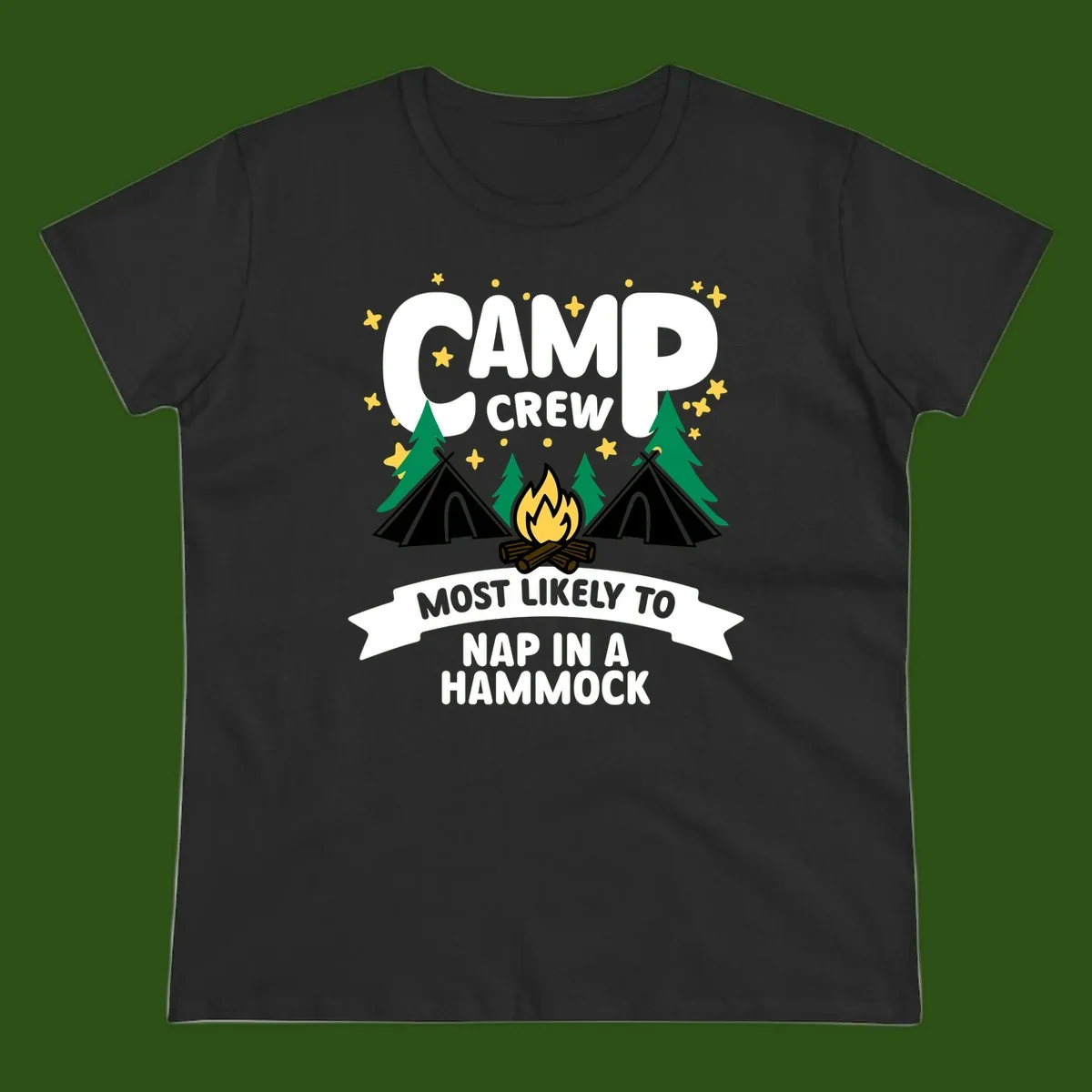 Camp crew design with teepees, campfire, and stars featuring text 'Most Likely To Nap In A Hammock'
