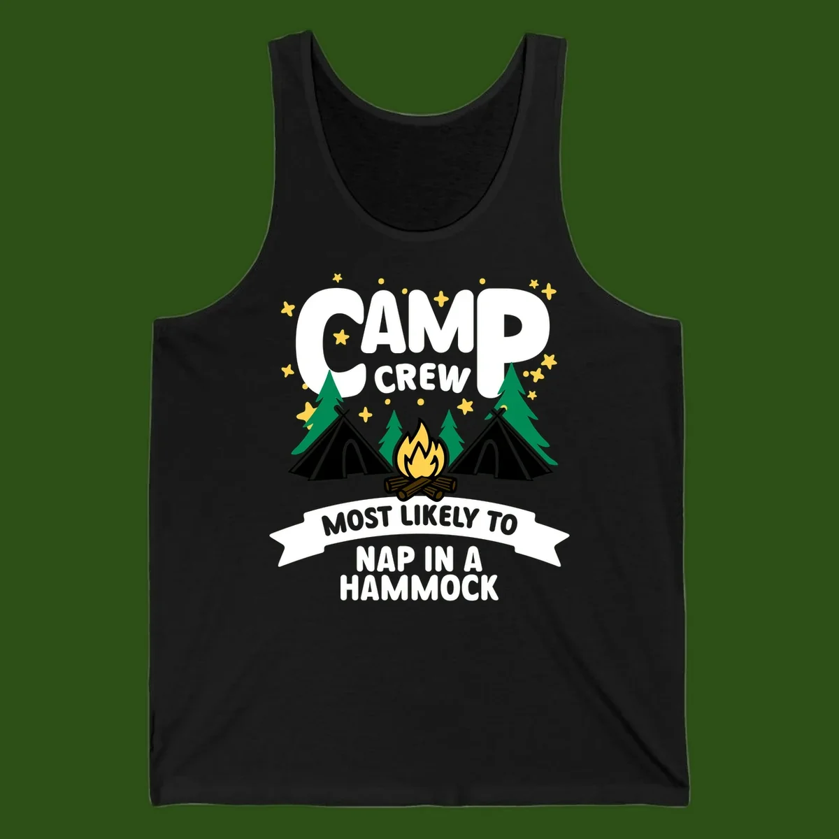 Camp crew design with teepees, campfire, and stars featuring text 'Most Likely To Nap In A Hammock'