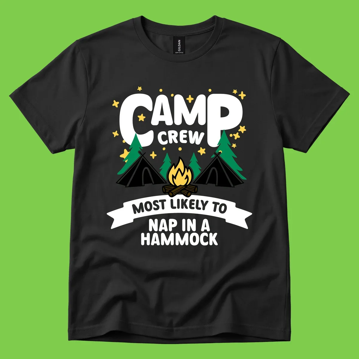 Camp crew design with teepees, campfire, and stars featuring text 'Most Likely To Nap In A Hammock'