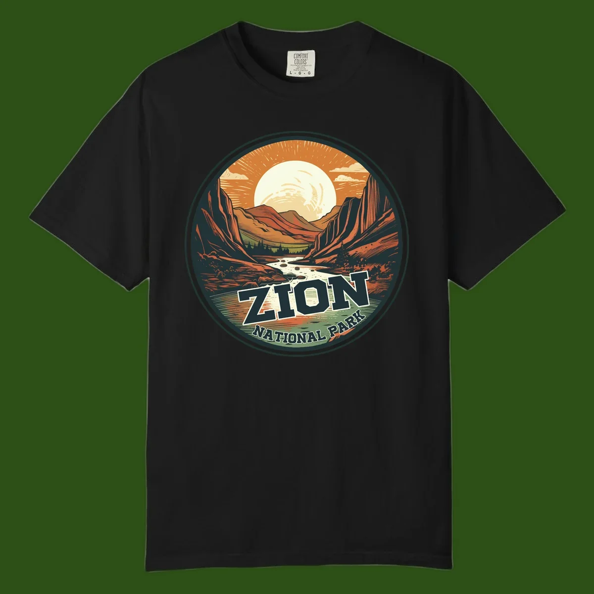 Zion canyon moonrise badge design with red rock walls, moon, river, and evergreens in warm earth tones