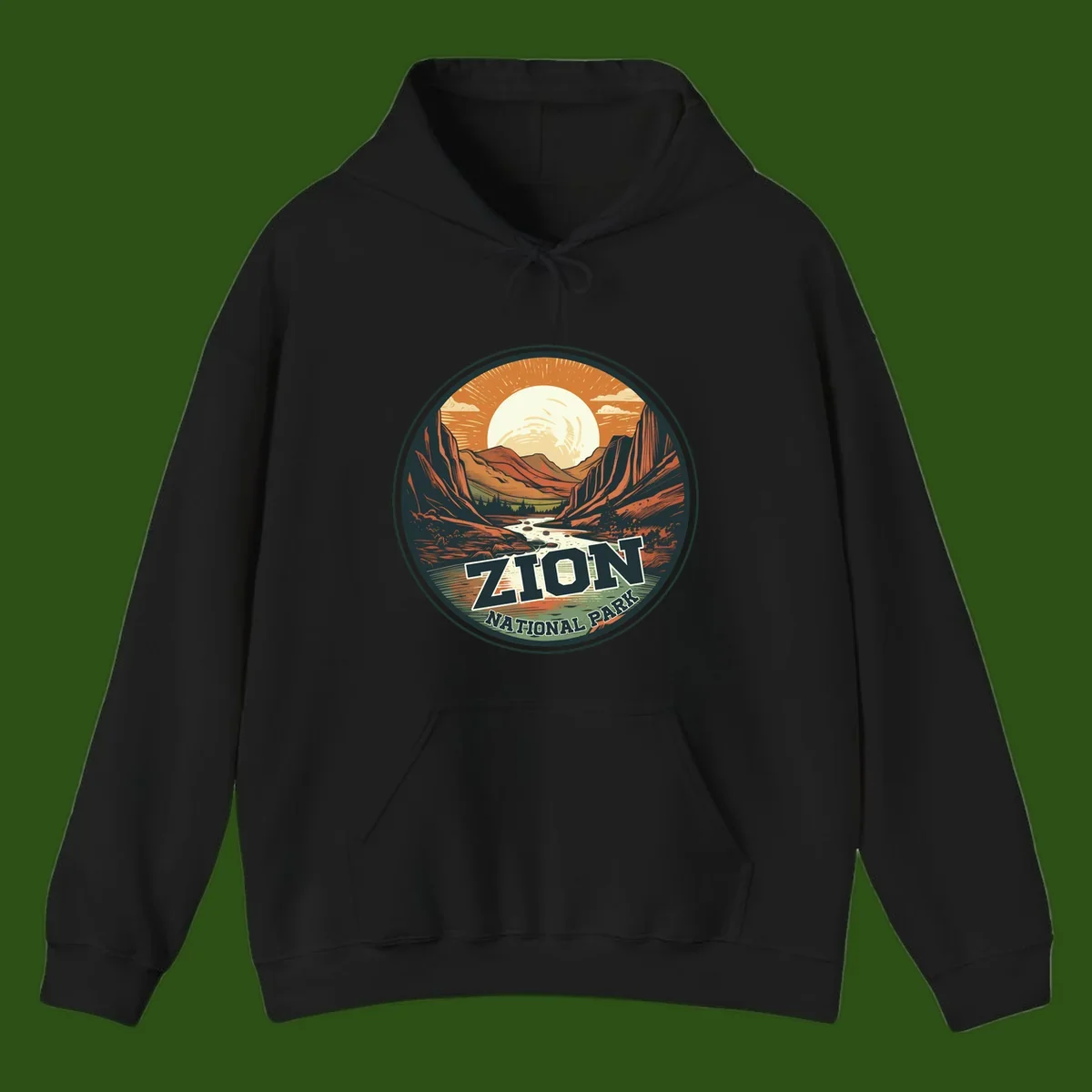 Zion canyon moonrise badge design with red rock walls, moon, river, and evergreens in warm earth tones