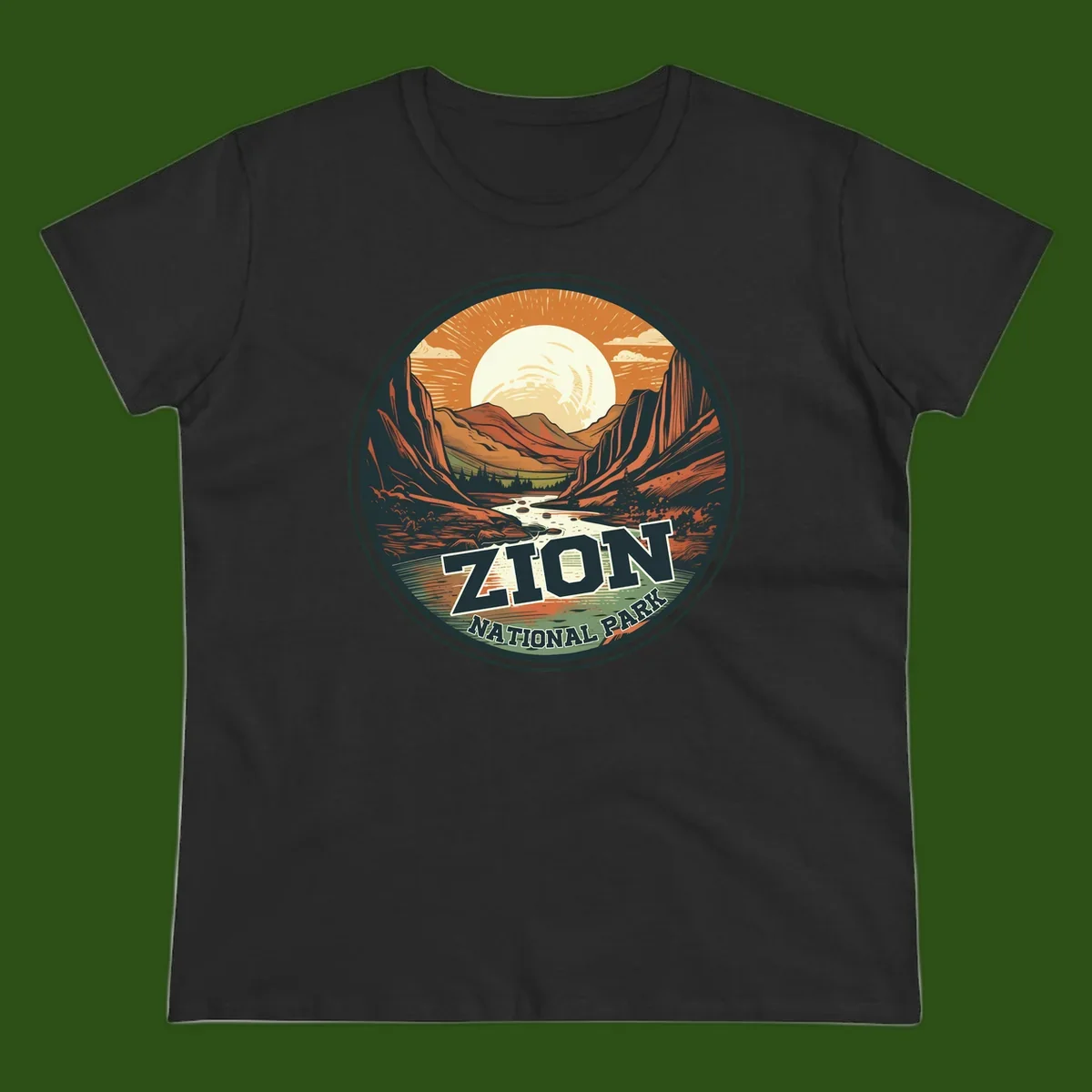 Zion canyon moonrise badge design with red rock walls, moon, river, and evergreens in warm earth tones