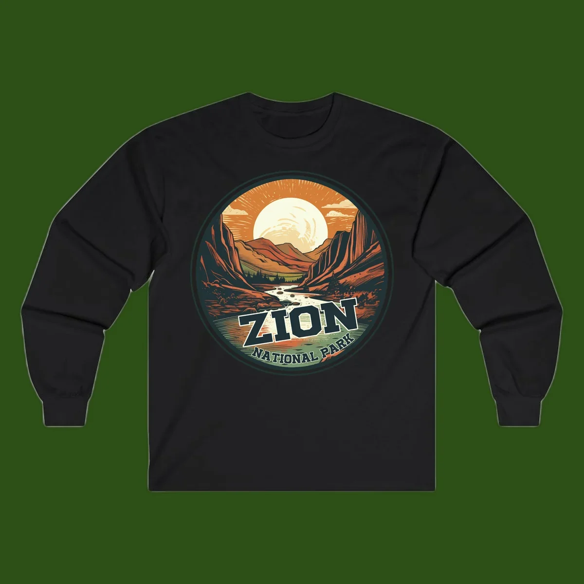 Zion canyon moonrise badge design with red rock walls, moon, river, and evergreens in warm earth tones