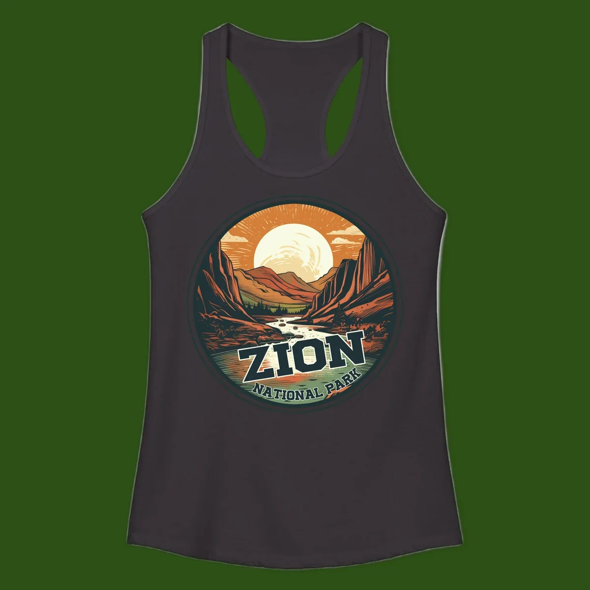 Zion canyon moonrise badge design with red rock walls, moon, river, and evergreens in warm earth tones
