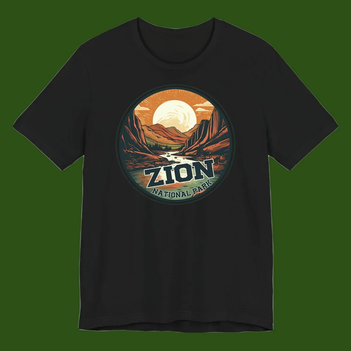 Zion canyon moonrise badge design with red rock walls, moon, river, and evergreens in warm earth tones