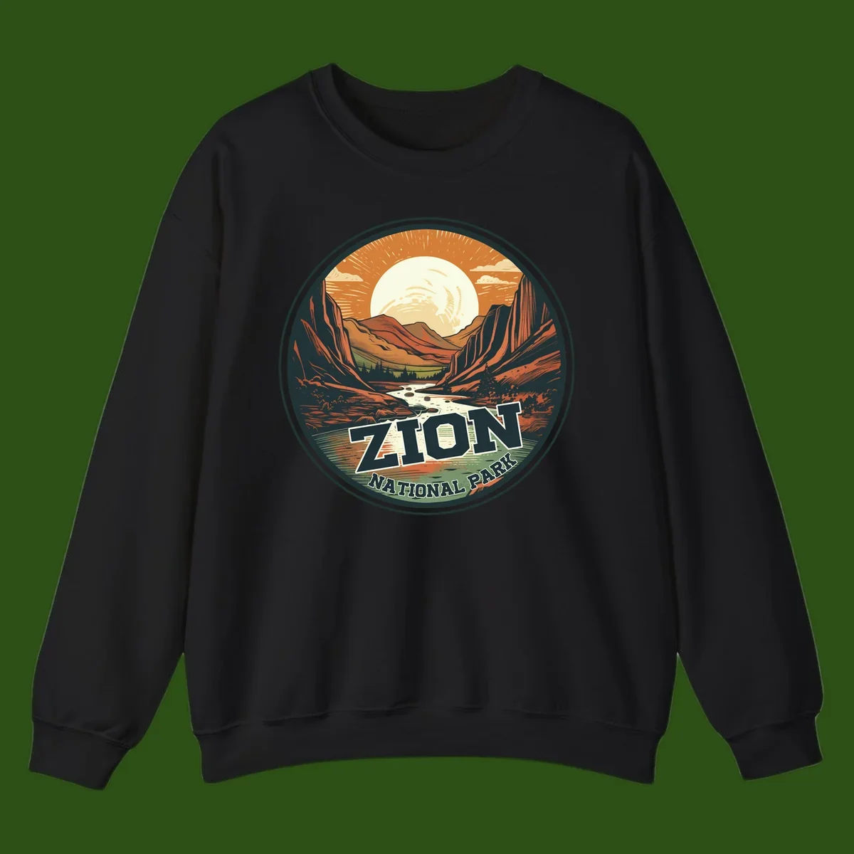 Zion canyon moonrise badge design with red rock walls, moon, river, and evergreens in warm earth tones